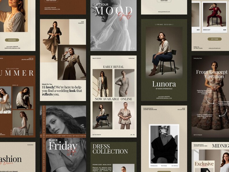Minimal fashion story and post templates displayed as editable Instagram layouts in warm earth tones, featuring modern typography and image placeholders for collections and promotions, designed for fashion brands, boutiques, influencers, and content creators to build consistent, professional social media content using Canva with drag and drop customization and no design skills required