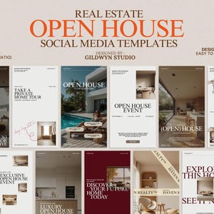 May include: A collection of real estate open house social media templates. The design includes various layouts with images of homes, text, and branding elements. The templates are designed to be easily customized in Canva.