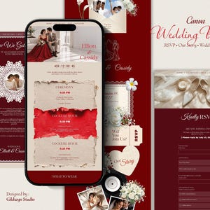 Burgundy & Ivory Wedding Website with RSVP and Countdown: Editable Canva Template, Interactive Invitation, Digital Download