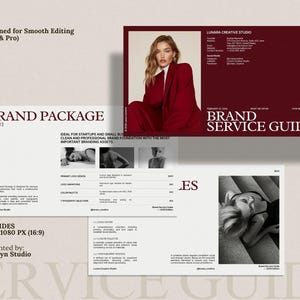 May include: A digital marketing presentation titled "Brand Package" and "Brand Service Guide". The presentation includes images of a woman in a red blazer and black and white photos. The presentation is designed for startups and small businesses.