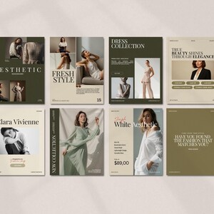 Minimal fashion story and post templates displayed as editable Instagram layouts in warm earth tones, featuring modern typography and image placeholders for collections and promotions, designed for fashion brands, boutiques, influencers, and content creators to build consistent, professional social media content using Canva with drag and drop customization and no design skills required