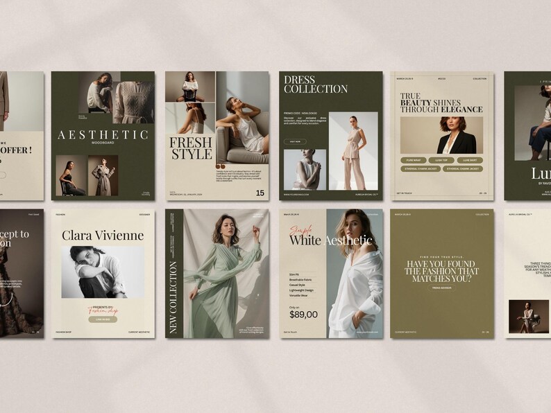 Minimal fashion story and post templates displayed as editable Instagram layouts in warm earth tones, featuring modern typography and image placeholders for collections and promotions, designed for fashion brands, boutiques, influencers, and content creators to build consistent, professional social media content using Canva with drag and drop customization and no design skills required