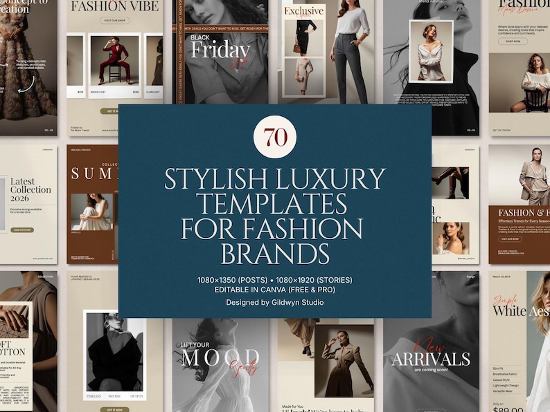 Minimal fashion story and post templates displayed as editable Instagram layouts in warm earth tones, featuring modern typography and image placeholders for collections and promotions, designed for fashion brands, boutiques, influencers, and content creators to build consistent, professional social media content using Canva with drag and drop customization and no design skills required