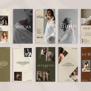 Minimal fashion story and post templates displayed as editable Instagram layouts in warm earth tones, featuring modern typography and image placeholders for collections and promotions, designed for fashion brands, boutiques, influencers, and content creators to build consistent, professional social media content using Canva with drag and drop customization and no design skills required