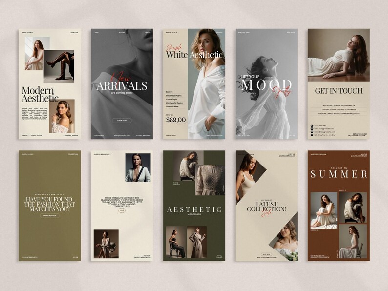 Minimal fashion story and post templates displayed as editable Instagram layouts in warm earth tones, featuring modern typography and image placeholders for collections and promotions, designed for fashion brands, boutiques, influencers, and content creators to build consistent, professional social media content using Canva with drag and drop customization and no design skills required