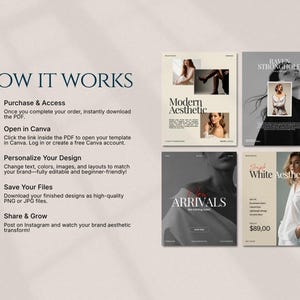 Minimal fashion story and post templates displayed as editable Instagram layouts in warm earth tones, featuring modern typography and image placeholders for collections and promotions, designed for fashion brands, boutiques, influencers, and content creators to build consistent, professional social media content using Canva with drag and drop customization and no design skills required