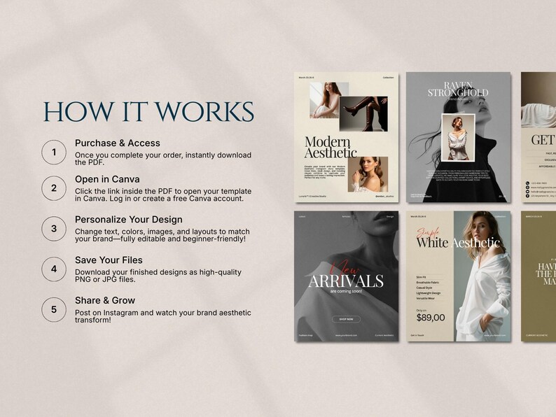 Minimal fashion story and post templates displayed as editable Instagram layouts in warm earth tones, featuring modern typography and image placeholders for collections and promotions, designed for fashion brands, boutiques, influencers, and content creators to build consistent, professional social media content using Canva with drag and drop customization and no design skills required
