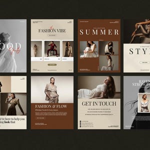 Minimal fashion story and post templates displayed as editable Instagram layouts in warm earth tones, featuring modern typography and image placeholders for collections and promotions, designed for fashion brands, boutiques, influencers, and content creators to build consistent, professional social media content using Canva with drag and drop customization and no design skills required