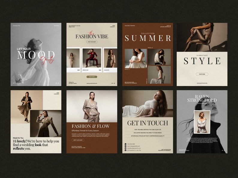 Minimal fashion story and post templates displayed as editable Instagram layouts in warm earth tones, featuring modern typography and image placeholders for collections and promotions, designed for fashion brands, boutiques, influencers, and content creators to build consistent, professional social media content using Canva with drag and drop customization and no design skills required