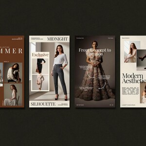 Minimal fashion story and post templates displayed as editable Instagram layouts in warm earth tones, featuring modern typography and image placeholders for collections and promotions, designed for fashion brands, boutiques, influencers, and content creators to build consistent, professional social media content using Canva with drag and drop customization and no design skills required