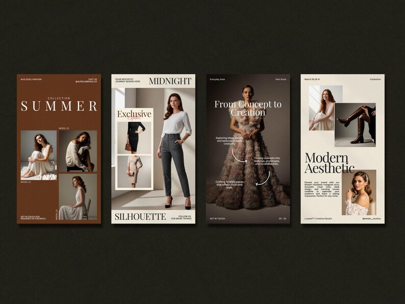 Minimal fashion story and post templates displayed as editable Instagram layouts in warm earth tones, featuring modern typography and image placeholders for collections and promotions, designed for fashion brands, boutiques, influencers, and content creators to build consistent, professional social media content using Canva with drag and drop customization and no design skills required