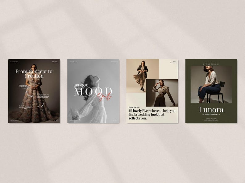 Minimal fashion story and post templates displayed as editable Instagram layouts in warm earth tones, featuring modern typography and image placeholders for collections and promotions, designed for fashion brands, boutiques, influencers, and content creators to build consistent, professional social media content using Canva with drag and drop customization and no design skills required