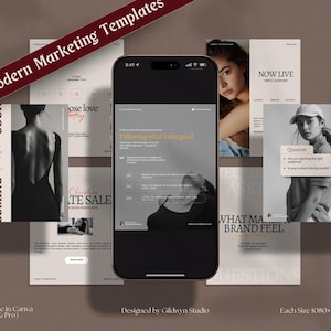 May include: A collection of marketing templates displayed on a smartphone and various mockups. The templates feature a minimalist design with text and images, including the words "Coming Soon" and "Now Live". The image also includes the text "45 Modern Marketing Templates".