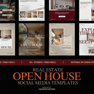 May include: A collection of digital social media templates for real estate open house events, featuring various interior and exterior home layouts, text overlays, and the title Real Estate Open House Social Media Templates by Gildwyn Studio.