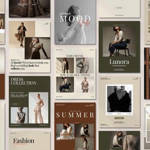 Minimal fashion story and post templates displayed as editable Instagram layouts in warm earth tones, featuring modern typography and image placeholders for collections and promotions, designed for fashion brands, boutiques, influencers, and content creators to build consistent, professional social media content using Canva with drag and drop customization and no design skills required