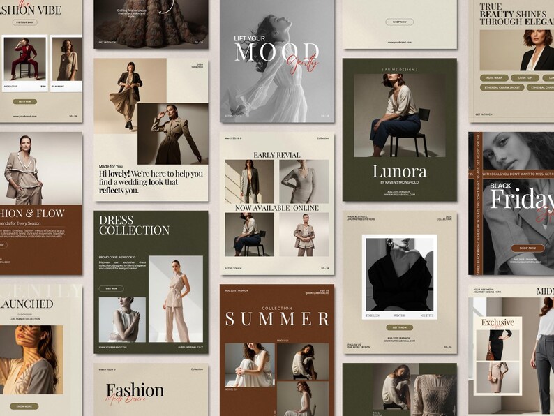 Minimal fashion story and post templates displayed as editable Instagram layouts in warm earth tones, featuring modern typography and image placeholders for collections and promotions, designed for fashion brands, boutiques, influencers, and content creators to build consistent, professional social media content using Canva with drag and drop customization and no design skills required
