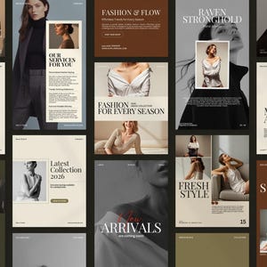 Minimal fashion story and post templates displayed as editable Instagram layouts in warm earth tones, featuring modern typography and image placeholders for collections and promotions, designed for fashion brands, boutiques, influencers, and content creators to build consistent, professional social media content using Canva with drag and drop customization and no design skills required