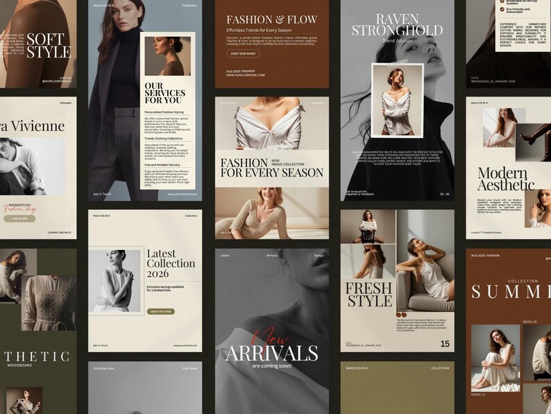 Minimal fashion story and post templates displayed as editable Instagram layouts in warm earth tones, featuring modern typography and image placeholders for collections and promotions, designed for fashion brands, boutiques, influencers, and content creators to build consistent, professional social media content using Canva with drag and drop customization and no design skills required