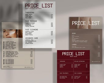 Szablony cennika cyfrowej pielęgnacji skóry 4 Canva A4, A5 i US Letter | Minimalistyczny design