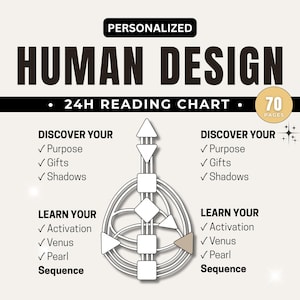 Puede incluir: Un gráfico de lectura personalizado de Diseño Humano 24H con un diagrama de formas y líneas interconectadas. El gráfico incluye secciones para descubrir tu propósito, dones y sombras, y para aprender sobre activación, Venus, Perla y secuencia. El gráfico tiene 70 páginas.
