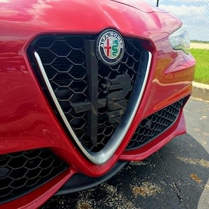 Puede incluir: Primer plano de la parte delantera de un coche rojo, mostrando el emblema y la parrilla de Alfa Romeo. La parrilla tiene un patrón de panal, con un borde plateado. El logotipo de Alfa Romeo es un emblema circular con un trébol de cuatro hojas verde y una cruz roja.