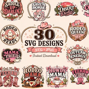 Peut inclure: Une collection de 30 motifs SVG sur le thème du western, avec des phrases telles que "Cowgirl Energy", "Rodeo Ready" et "Wild West Babe". Les motifs sont en rose, marron et blanc, avec des bottes de cowboy, des chapeaux et des cactus.