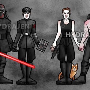 May include: Four figures stand in a row, two on the left and two on the right. The figure on the far left is wearing a black hooded robe and holding a red lightsaber. The figure next to them is wearing a black uniform with a red insignia. The figure on the far right is shirtless and holding a green crystal. The figure next to them is wearing a black tank top and black pants. A small orange cat is standing between the two figures on the right.