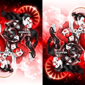 May include: A digital illustration of two couples embracing. The couples are depicted in a red and white color scheme, with a red background and white clouds. The text "HYDRAJEN" appears twice in the image, once in the top right corner and once in the bottom right corner. The text "НАДВУЛЕН" appears twice in the image, once in the bottom left corner and once in the top left corner.