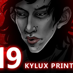 May include: A digital illustration of a character with dark hair and a serious expression. The character is against a red background with white stars. The number 19 is in white with a red outline. The text "KYLUX PRINTS" is in white with a red outline.
