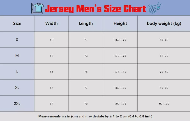 May include: A size chart for jerseys, with measurements in centimeters. The chart includes sizes S to 2XL, with corresponding width, length, height, and body weight in kilograms. The text "Jersey Men's Size Chart" is at the top.