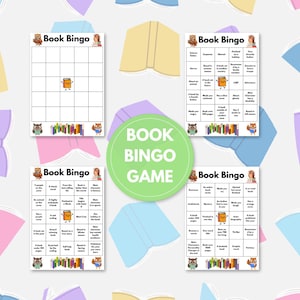 Könnte beinhalten: Eine Sammlung farbenfroher Book Bingo-Spielkarten mit einem hellgrünen, kreisförmigen Spieltitel. Die Karten zeigen Illustrationen von Büchern, Eulen und einer lächelnden Buchfigur. Der Hintergrund enthält Illustrationen offener Bücher in verschiedenen Pastellfarben.
