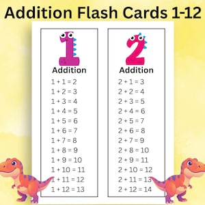 Könnte beinhalten: Lernkarten für Addition mit den Zahlen 1 und 2. Jede Karte zeigt Additionsaufgaben von 1+1 bis 1+12 und 2+1 bis 2+12 mit Lösungen. Die Karten sind mit Dinosaurier-Illustrationen und dem Titel "Addition Flash Cards 1-12" versehen. Lehrmittel für Grundschüler.