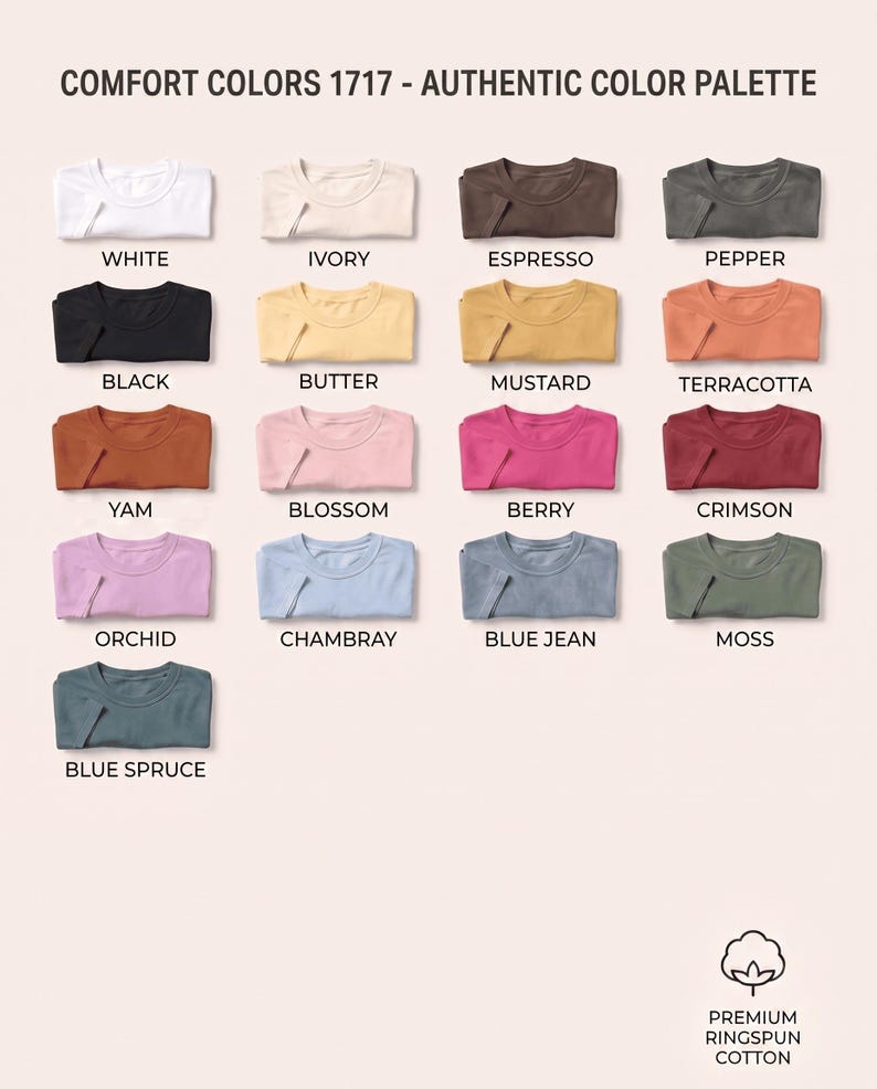 Może przedstawiać: Paleta kolor&oacute;w koszulek Comfort Colors 1717, przedstawiająca siedemnaście złożonych koszulek w r&oacute;żnych odcieniach, w tym biały, kość słoniowa, espresso, pieprz, czarny, masło, musztarda, terakota, ignam, kwiat, jagoda, karmazyn, orchidea, chambray, niebieski dżins, mech i niebieski świerk.