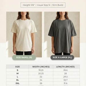 May include: Comfort Colors 1717 size and fit guide featuring a cream t-shirt in size small and a charcoal gray t-shirt in size extra-large. Includes a reference height of 5'6" and a detailed table listing width and length in inches for sizes S to 4XL.