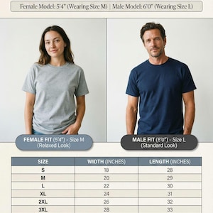 May include: Gildan 5000 unisex size and fit guide featuring a grey t-shirt on one model and a navy blue t-shirt on another. A table lists sizes from S to 5XL with corresponding width and length measurements in inches for this crew neck t-shirt.