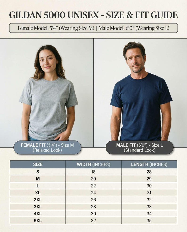May include: Gildan 5000 unisex size and fit guide featuring a grey t-shirt on one model and a navy blue t-shirt on another. A table lists sizes from S to 5XL with corresponding width and length measurements in inches for this crew neck t-shirt.