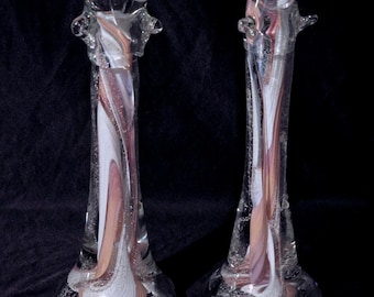 Murano-Kerzenständer aus mundgeblasenem Überfangglas, rosa-weiß, Paar, 30 cm (12 Zoll)