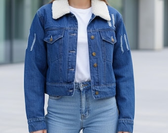 Handmade Denim Jacket For Women Blue Faux Fur Vintage Casual & Chic Street Style