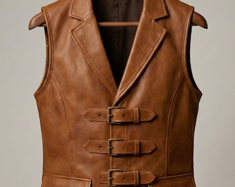 Handgefertigte Weste für Herren Rindsleder Tan Leder Biker Weste Moto Style Schnallenverschluss