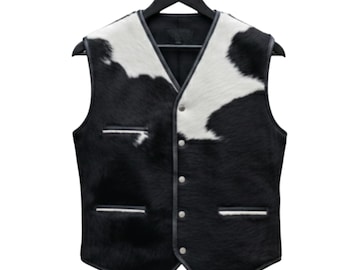 Men Vest Handmade Cowhide Hair-On Western Leather Waistcoat Cowboy Style