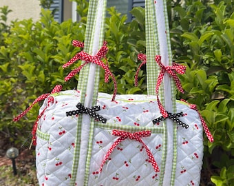 Cherry Quilted Duffle Bag • Bow detail Weekend Carryon Diaper Bag