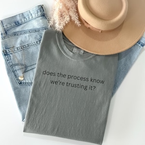 Op de afbeelding: Een grijs t-shirt met de tekst "does the process know we're trusting it?" ligt op een lichtblauwe jeans. Een beige hoed en een gouden ketting staan ook op de afbeelding. De items zijn gerangschikt op een witte ondergrond.