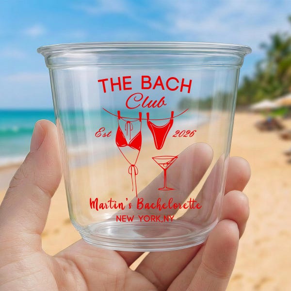 Tasses d'enterrement de vie de jeune fille personnalisées, Tasses de fête en plastique transparent personnalisées, Verres de week-end Bach, Cadeaux de fête entre filles à la plage et à la piscine, Shower nuptiale