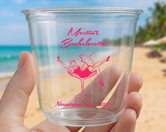 Personalized Clear Plastic Cups, Custom Cocktail Martini Party Cups, Bridal Shower Bachelorette Girls Trip Beach Birthday Wedding Favor Cups
