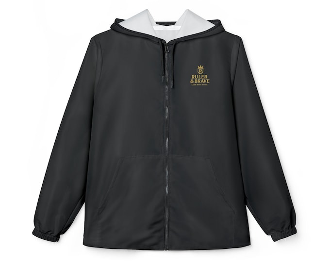 Ruler & Brave Gold Logo Windbreaker Jacket | Black Hooded Lightweight Coat