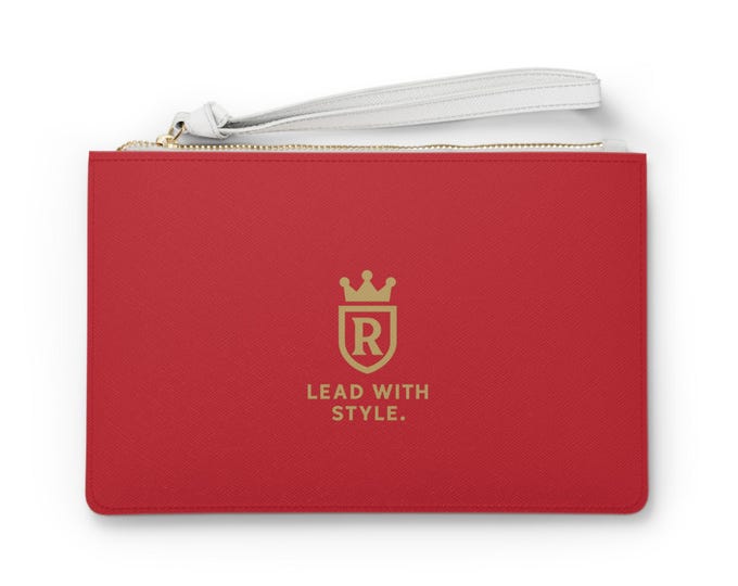 Monogram R Crown logo clutch bag | red wristlet purse, gold emblem
