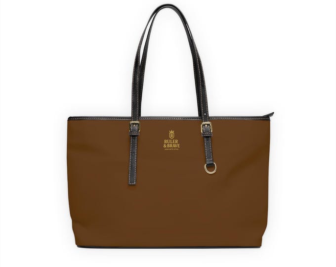 Ruler & Brave crown monogram PU Leather Shoulder Bag | brown tote, gold logo