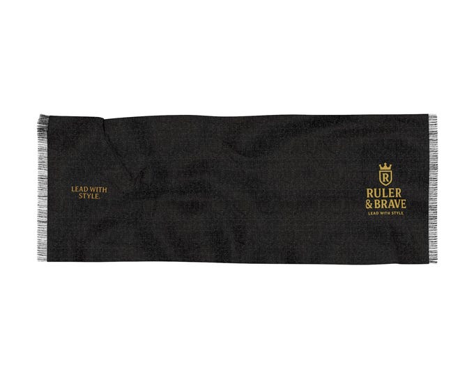 Ruler & Brave Crest scarf | Black woven fringe scarf, 'Lead With Style' text
