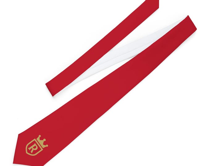 Gold Crown R Shield Necktie | Red Silk Tie with Crest