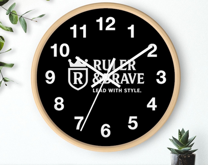 Ruler & Brave Logo Wall Clock | Black Numeric Face, Modern Crest Design